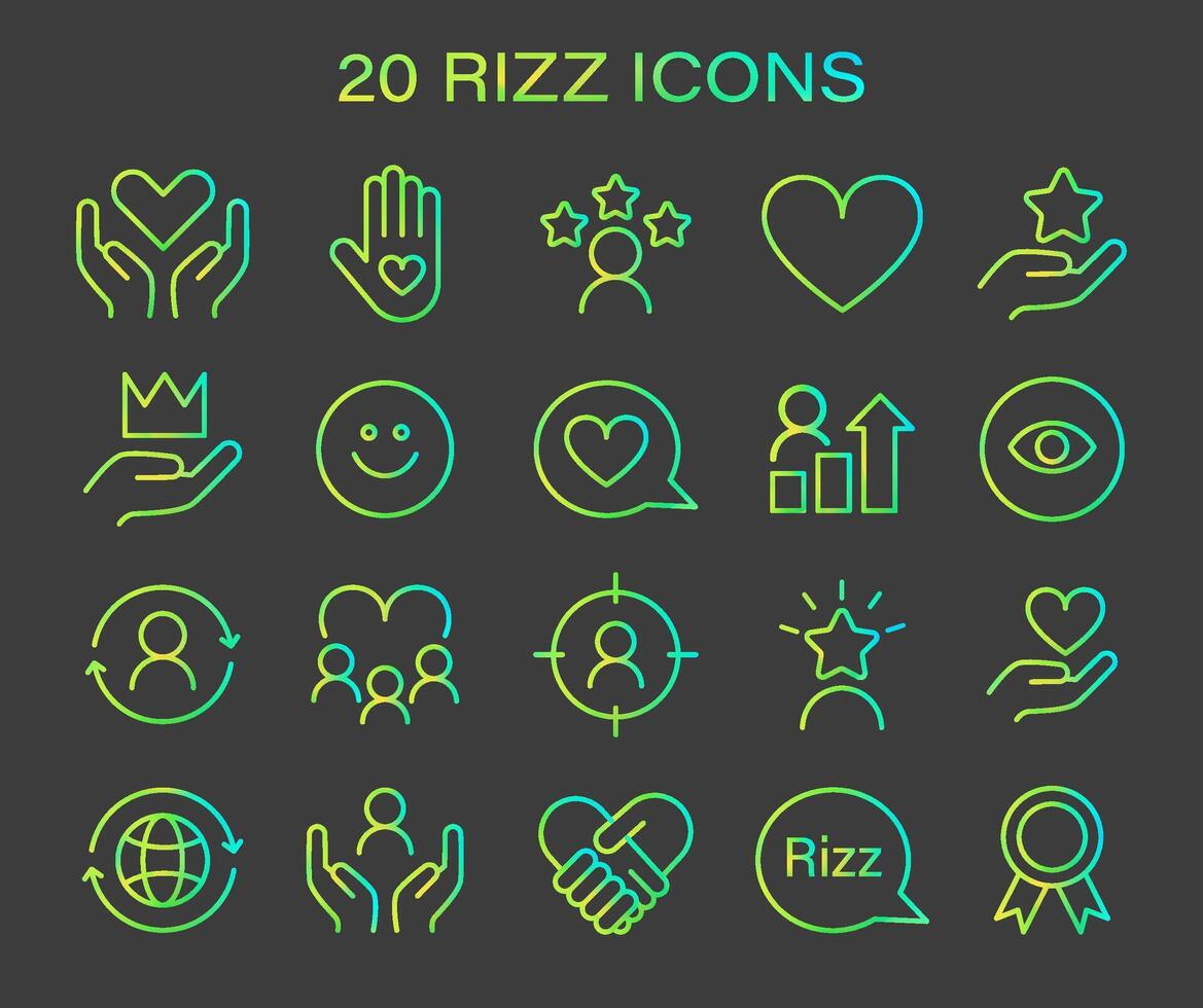 Rizz icon set. Minimalist line icons representing various aspects of social interaction vector