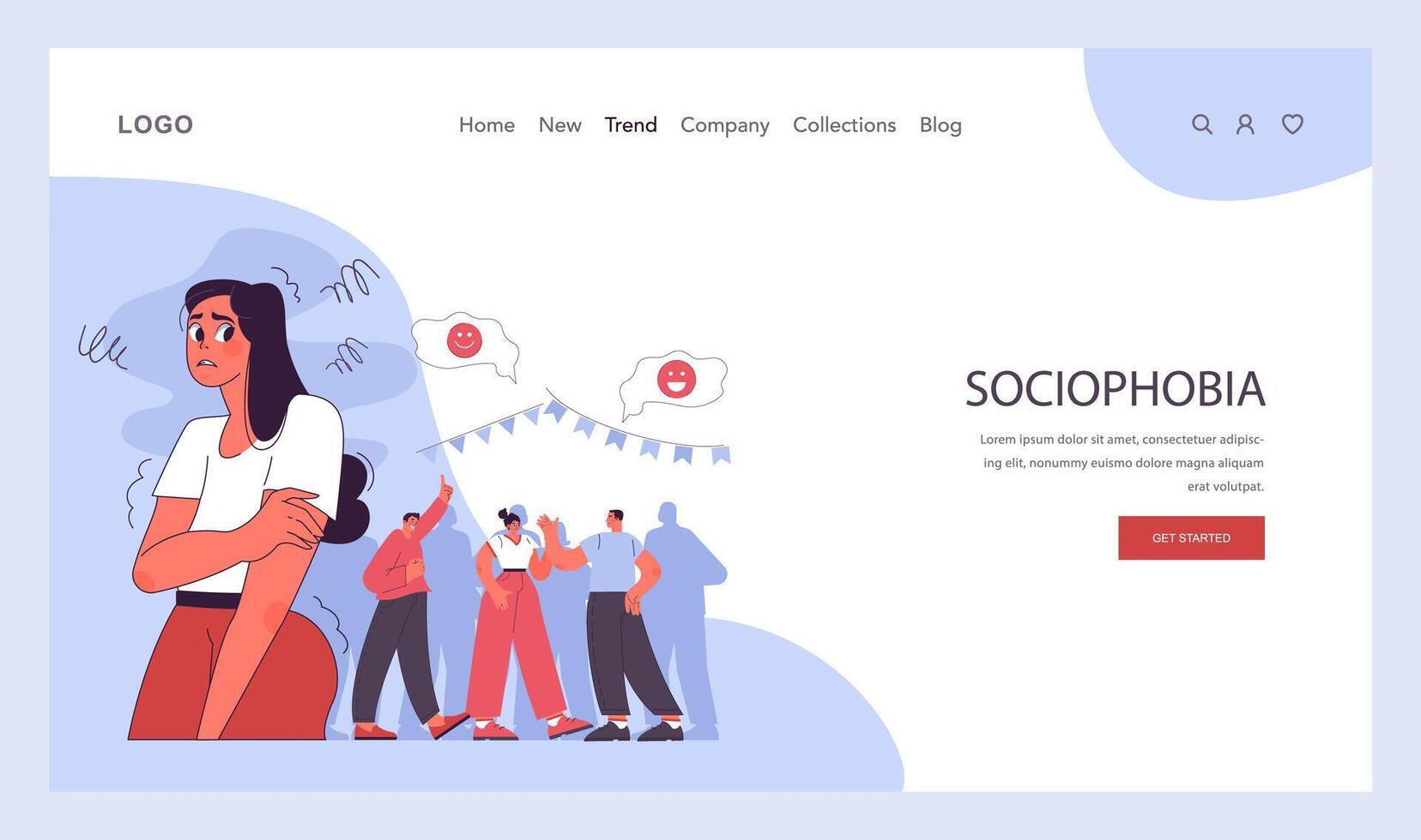 Sociophobia web banner or landing page. Human's irrational inner fears vector