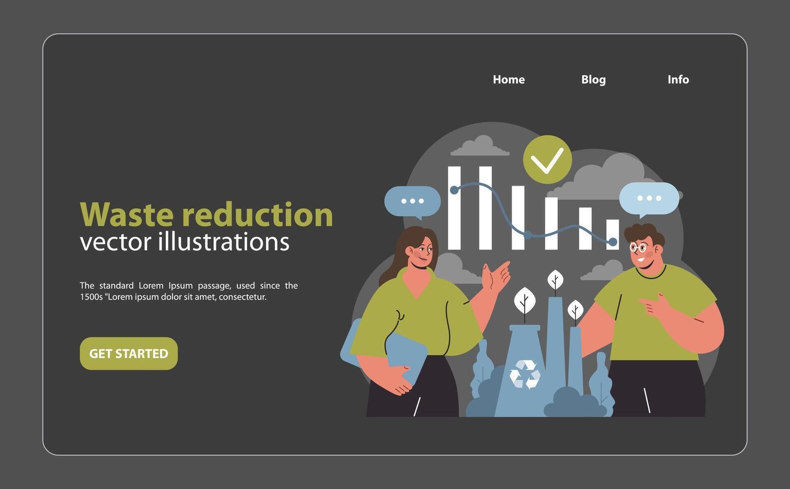 Waste reduction strategy visual. Professionals analyzing and celebrating vector