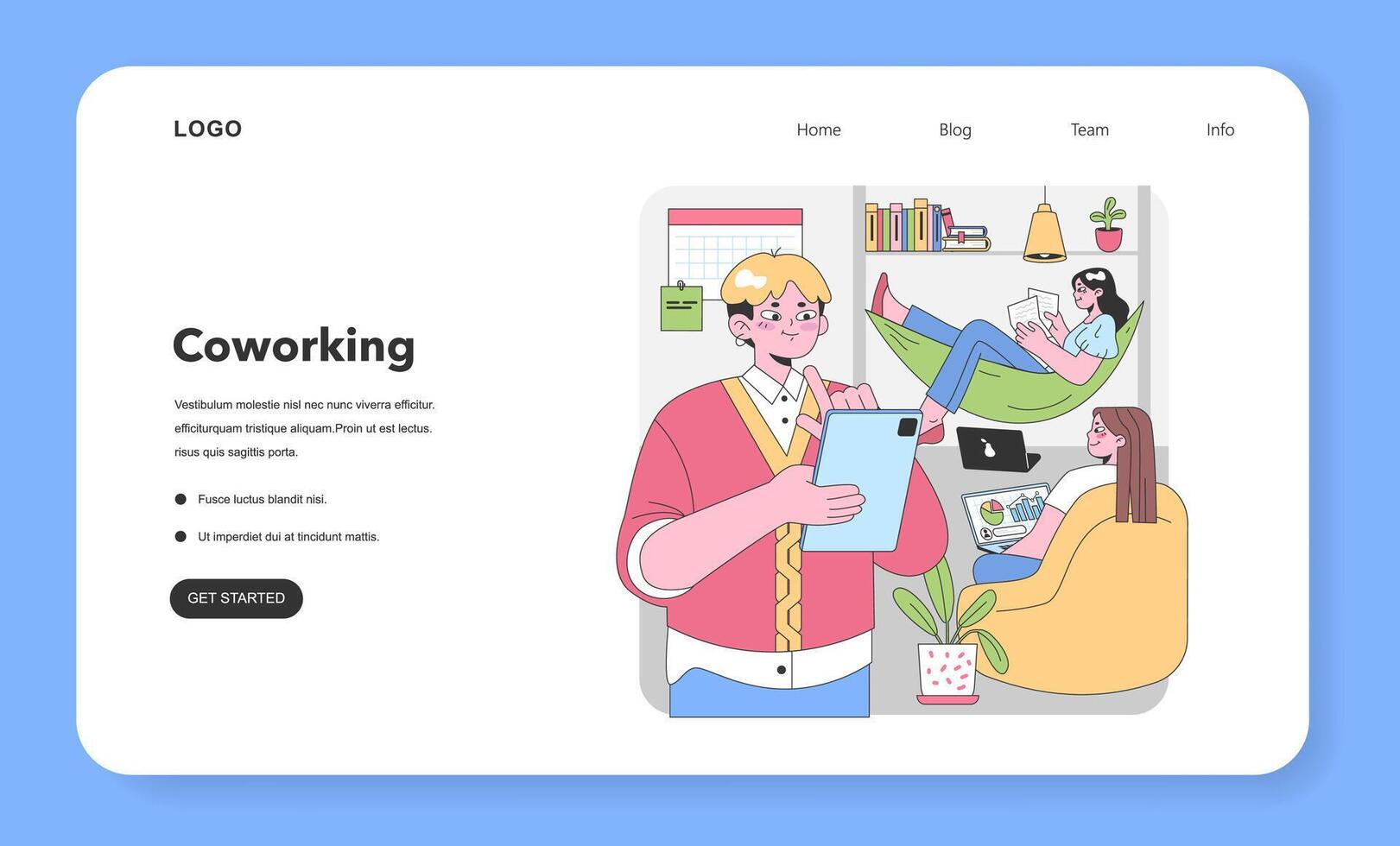 Casual office setting with tech-savvy team. Flat illustration vector