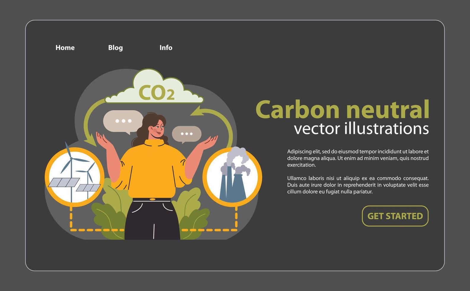 Woman balancing CO2 emissions with renewable energy sources, illustrating carbon neutrality. vector