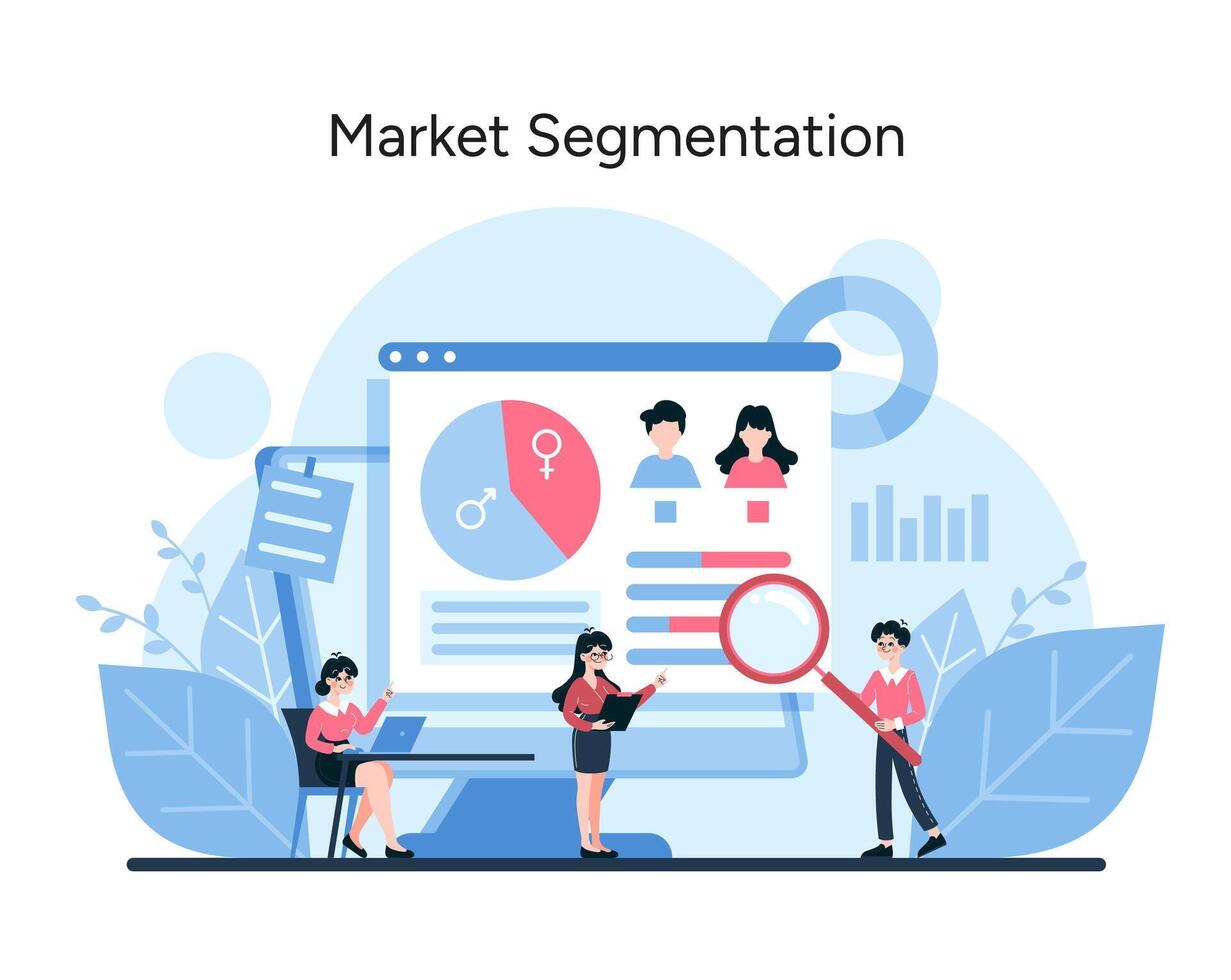 Analytical scene with professionals assessing consumer demographics, behaviors, and preferences vector