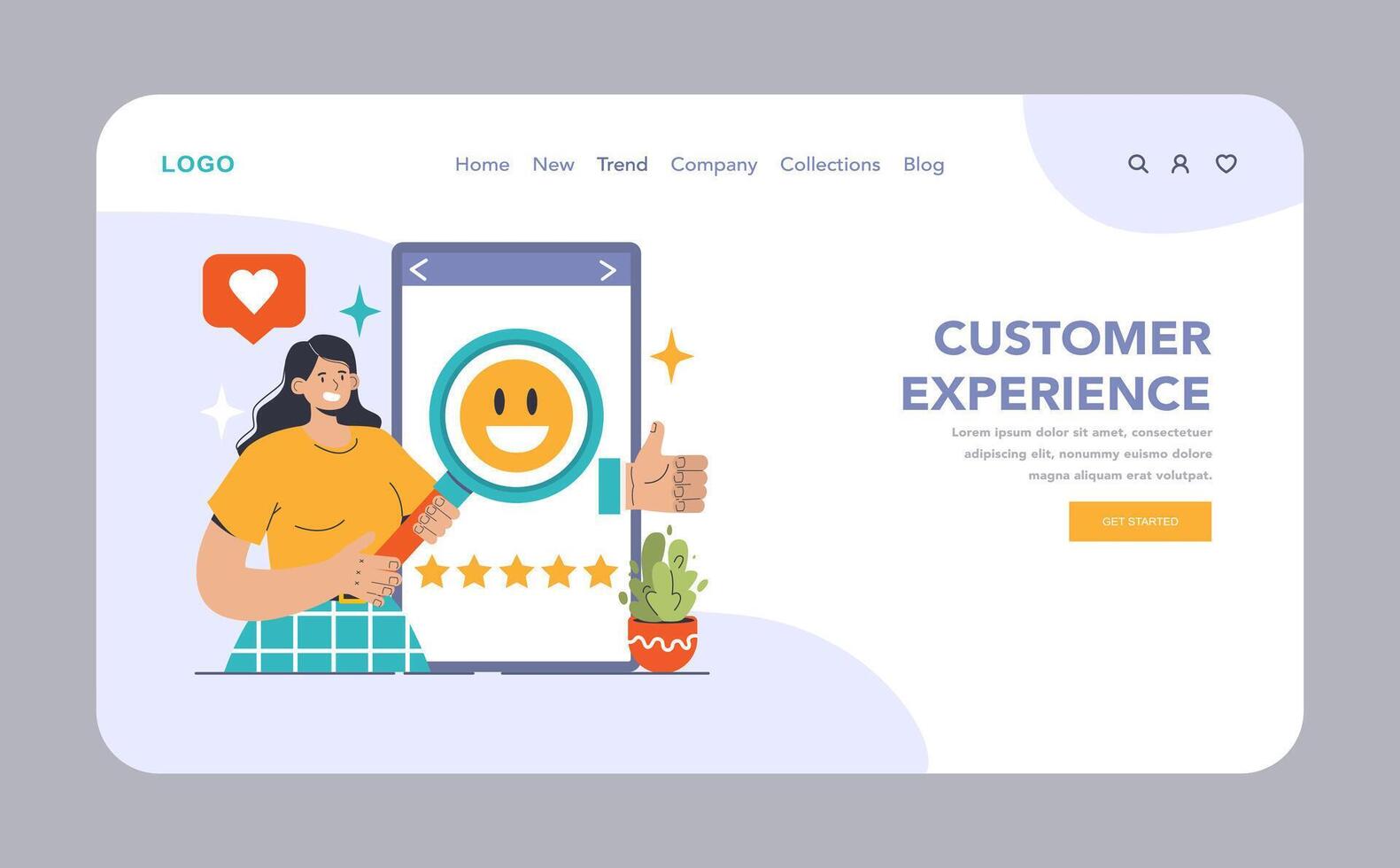 Customer experience web or landing. Woman reviews stellar feedback vector