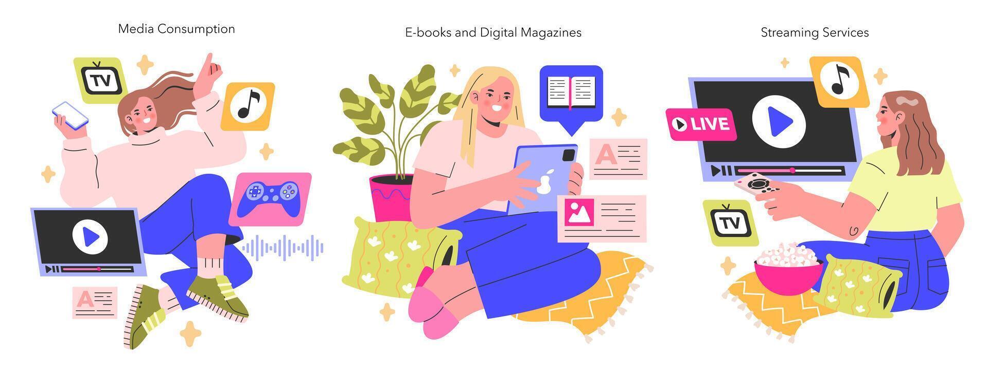 Media Consumption trio Immersion in digital reading, live streaming services, and on-demand entertainment The seamless integration of technology and daily life illustration vector