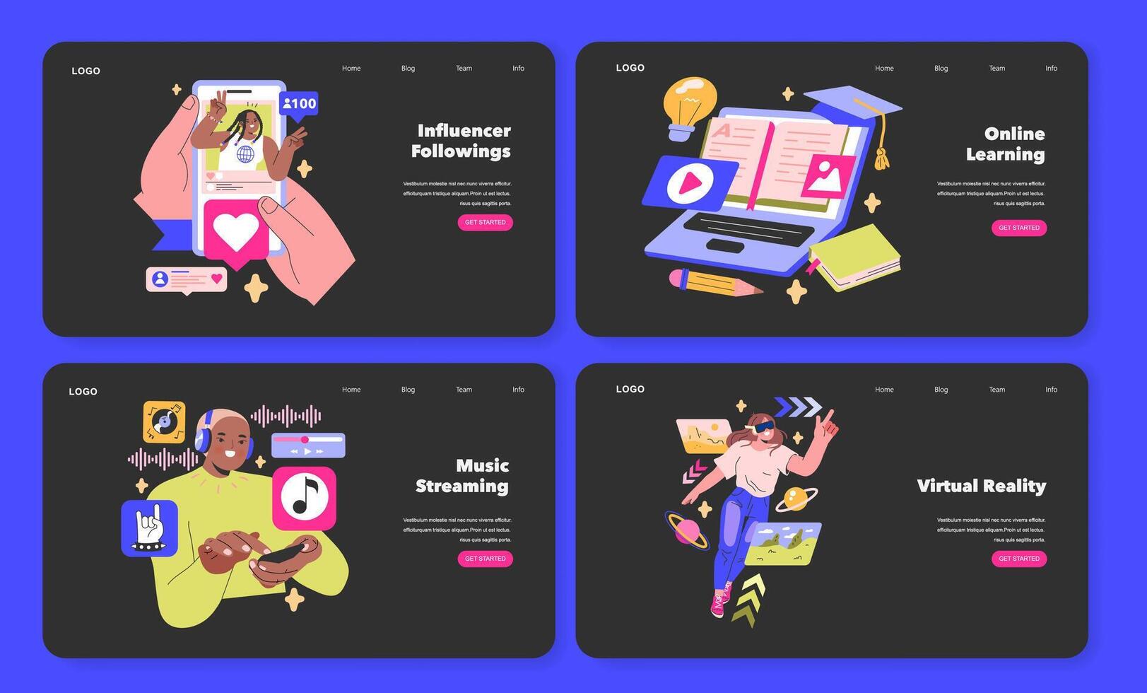 Media Consumption web banners set Showcasing influencer culture, e-learning platforms, music streaming, and virtual reality immersion Digital lifestyle exploration illustration vector