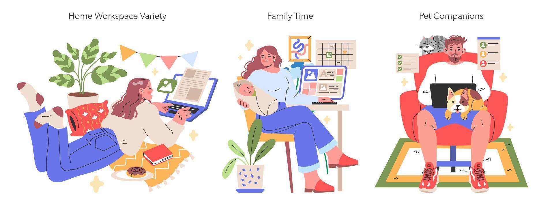 Working from Home illustration Serene and dynamic home office setups blending work tasks with family moments and pet companionship illustration vector