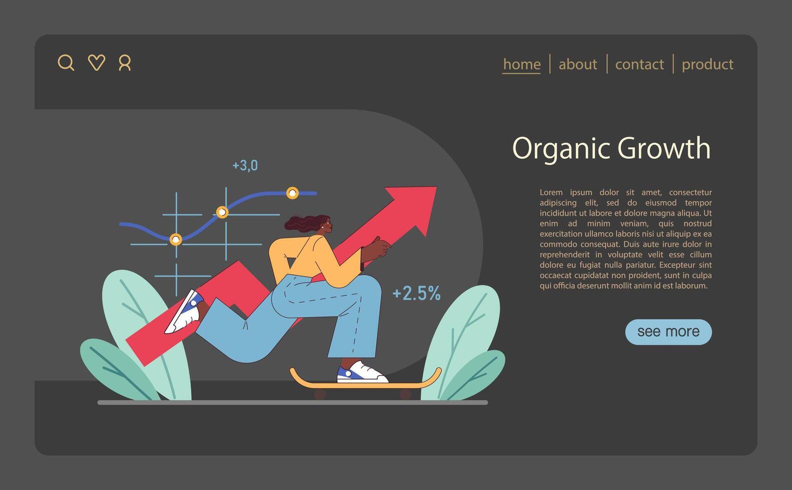 Organic Growth concept. Woman on skateboard propels business chart upward. vector