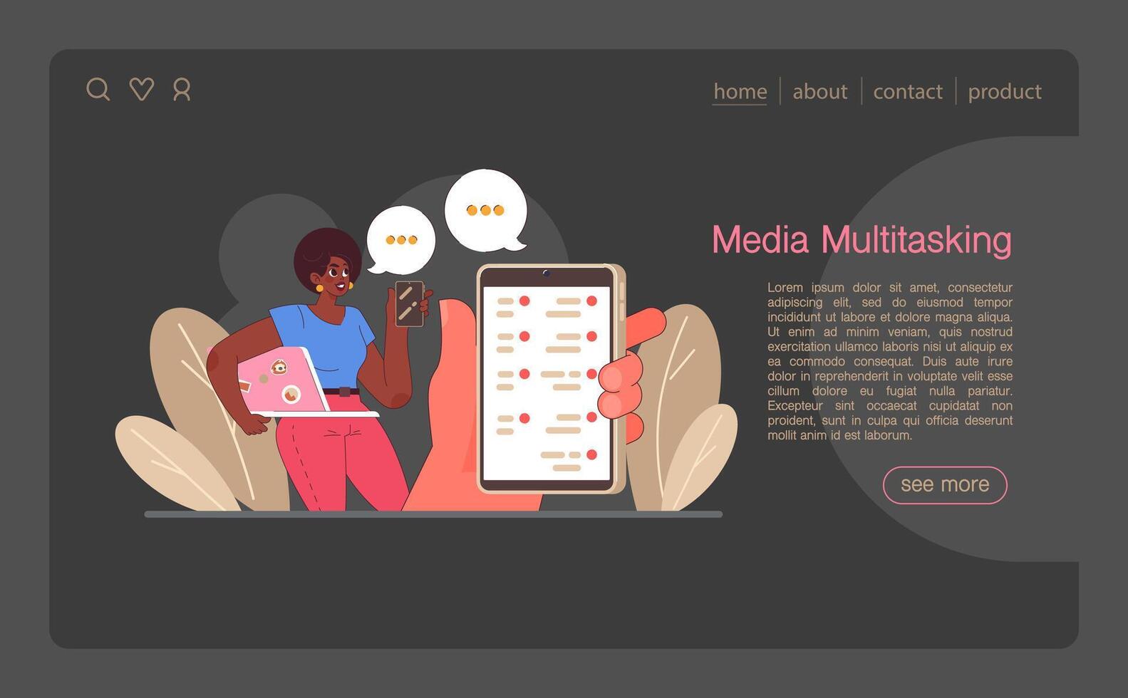Digital multitasking web banner or landing page dark or night mode vector