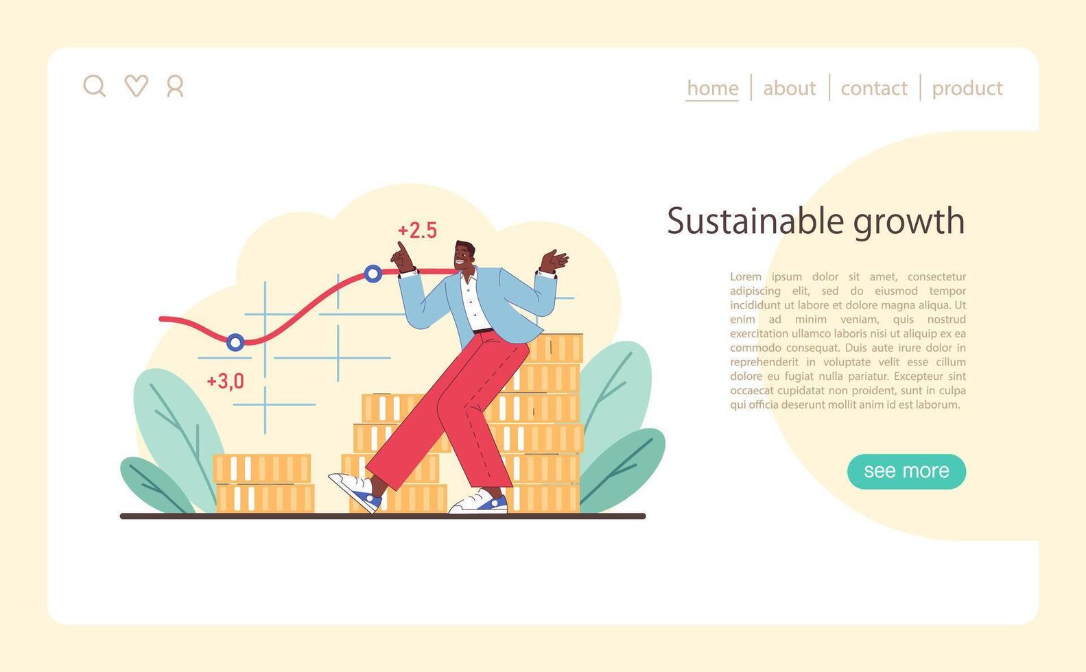 Sustainable growth concept. Enthusiastic businessman strides with increasing coins. vector