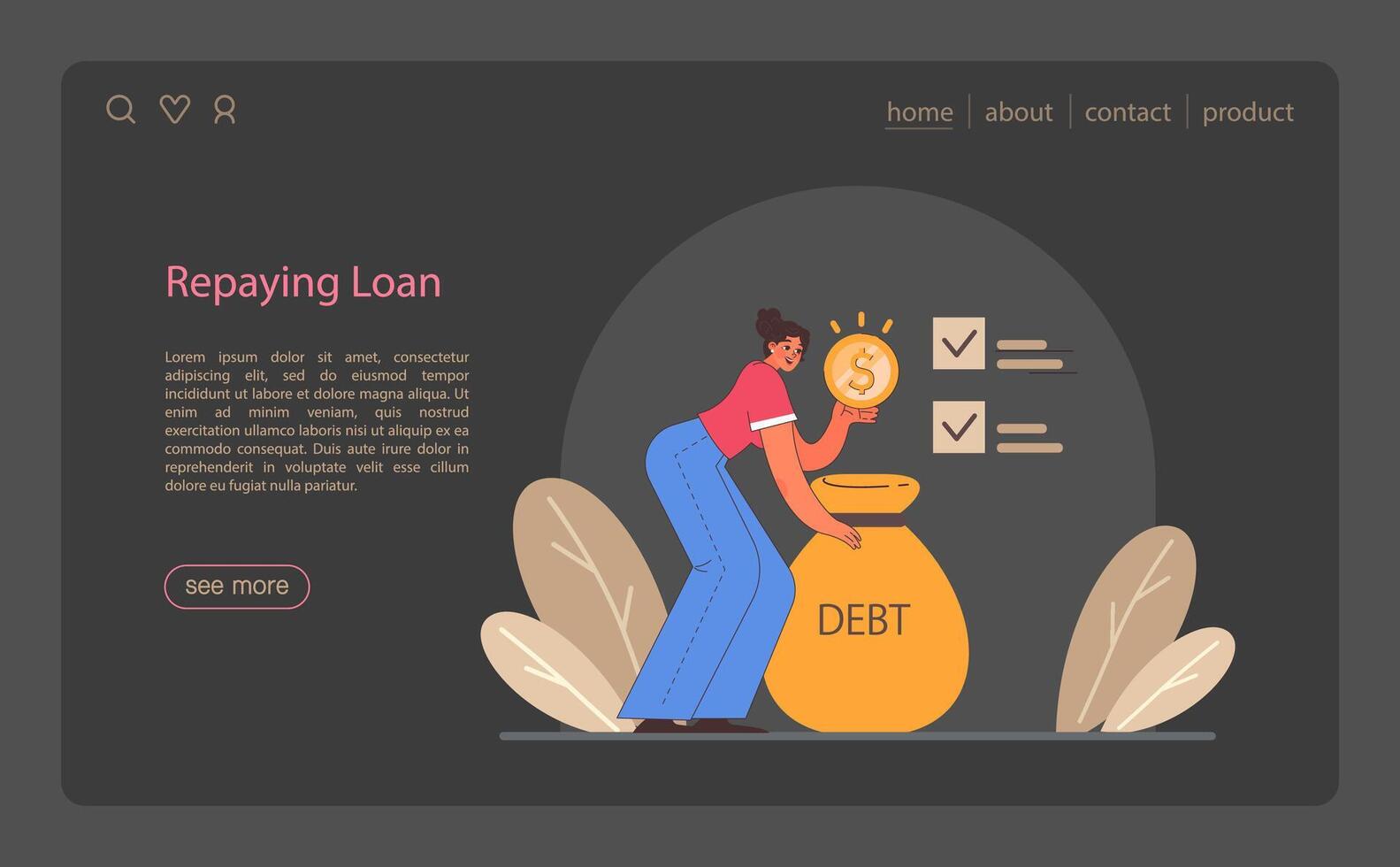 Refinance web or landing dark or night mode. Loan rate reduction vector