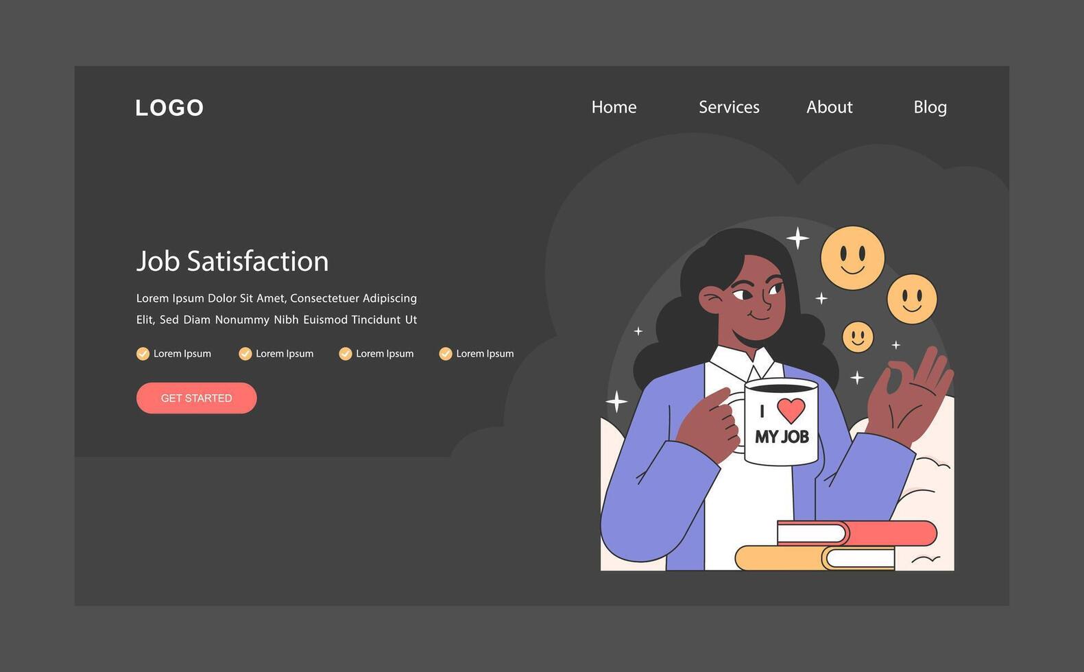 Job satisfaction dark or night mode web, landing. Female business character vector