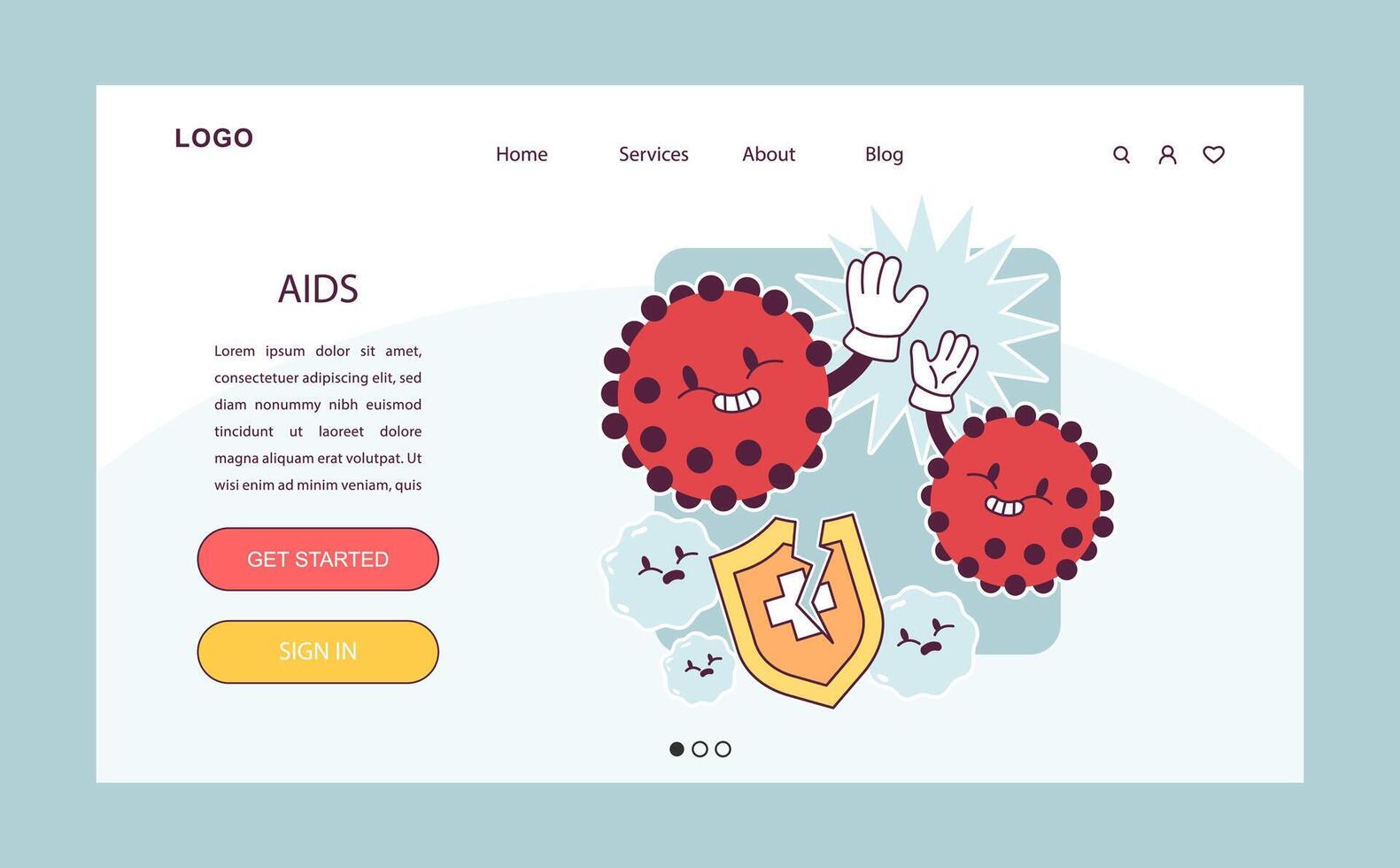 World AiDs day web banner or landing page. HIV cells, immunodeficiency vector