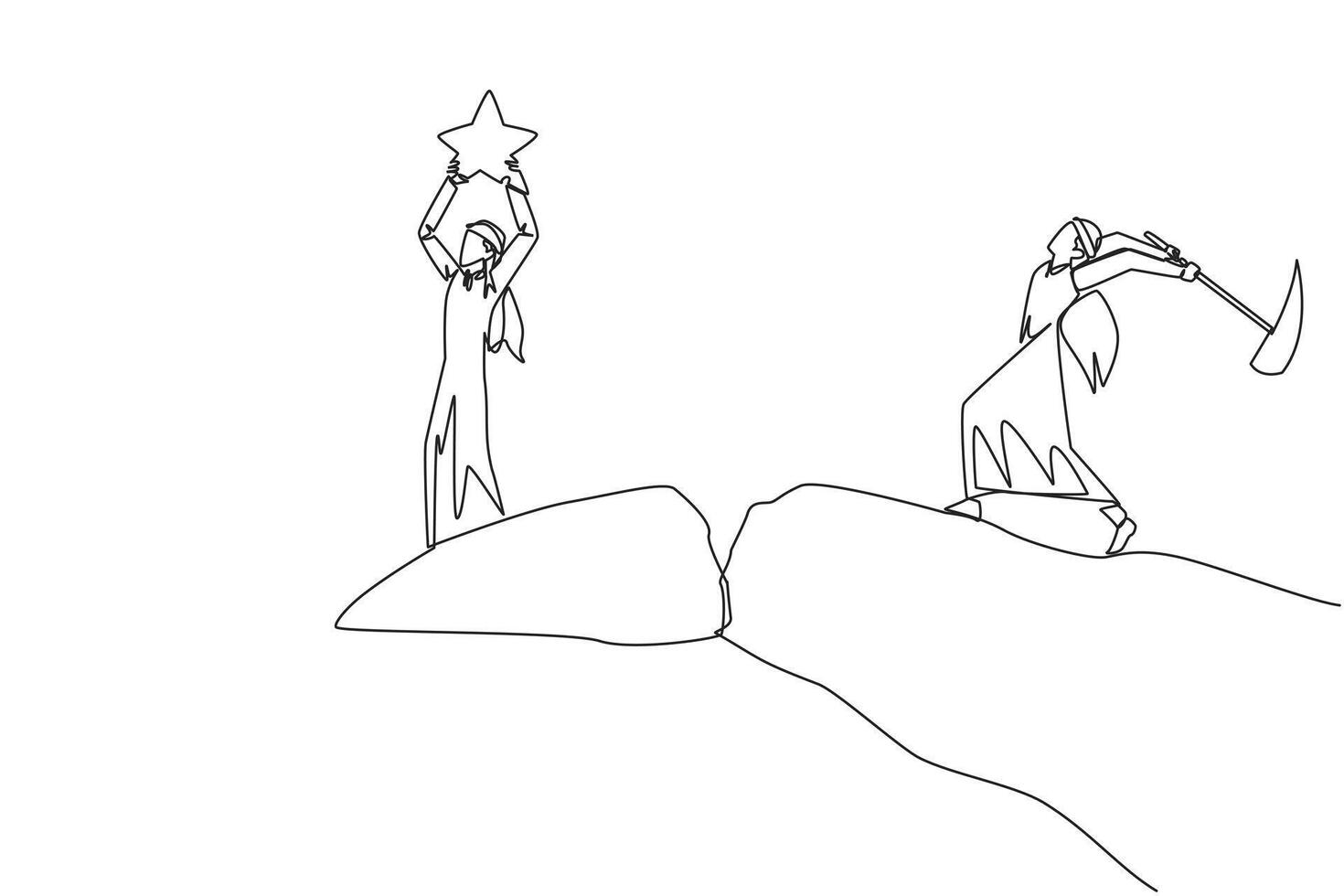 Continuous one line drawing Arab businessman standing on edge of cliff holding up a star. Hypocrite partner want to destroy the achievement. The traitor. Single line draw design illustration vector