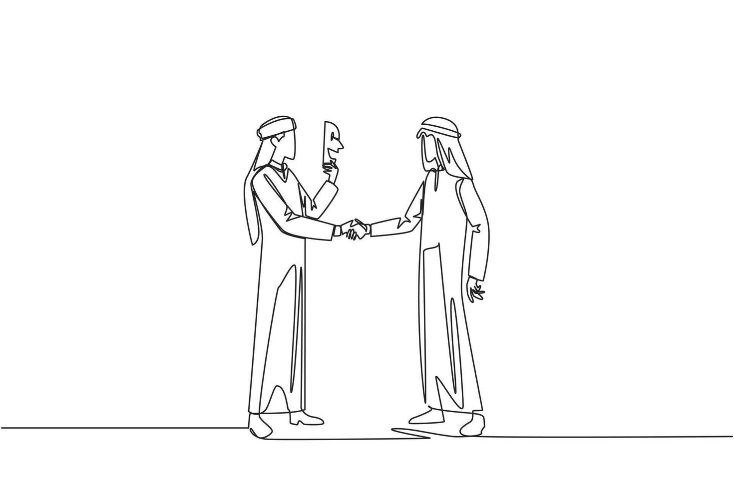 Single continuous line drawing two Arabian businessmen shaking hands. One of them has two faces. Full of falsehood. Fake friend. Worst teamwork. Betrayal. Traitor. One line design illustration vector