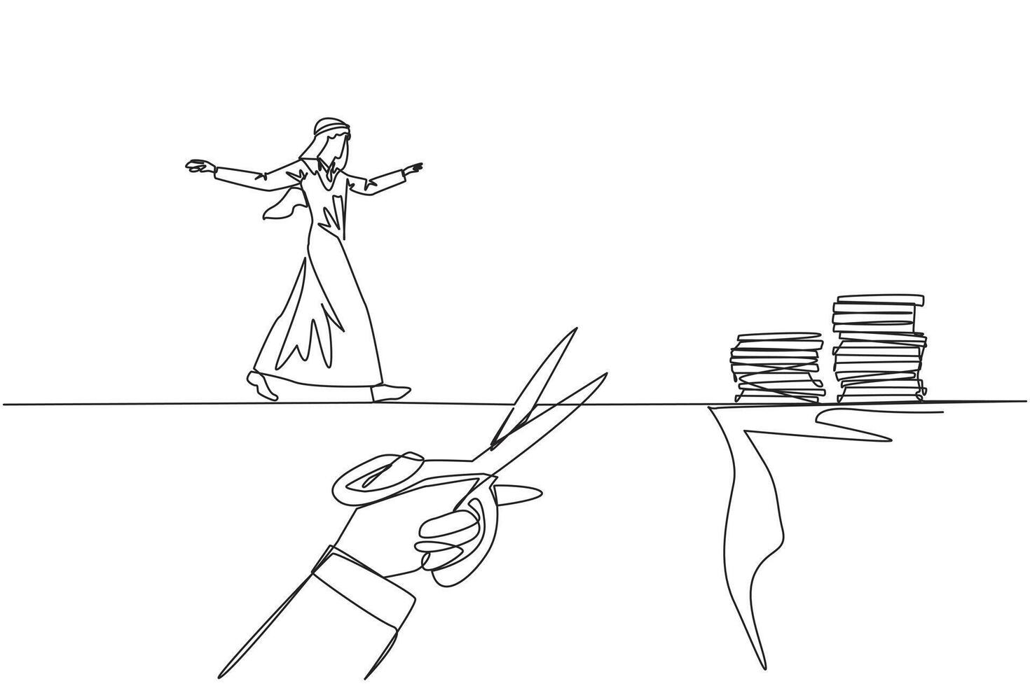 Continuous one line drawing Arabian businessman walking on tightrope from one cliff to another. Failed to move to much better place. Cheated by colleague. Single line draw design illustration vector