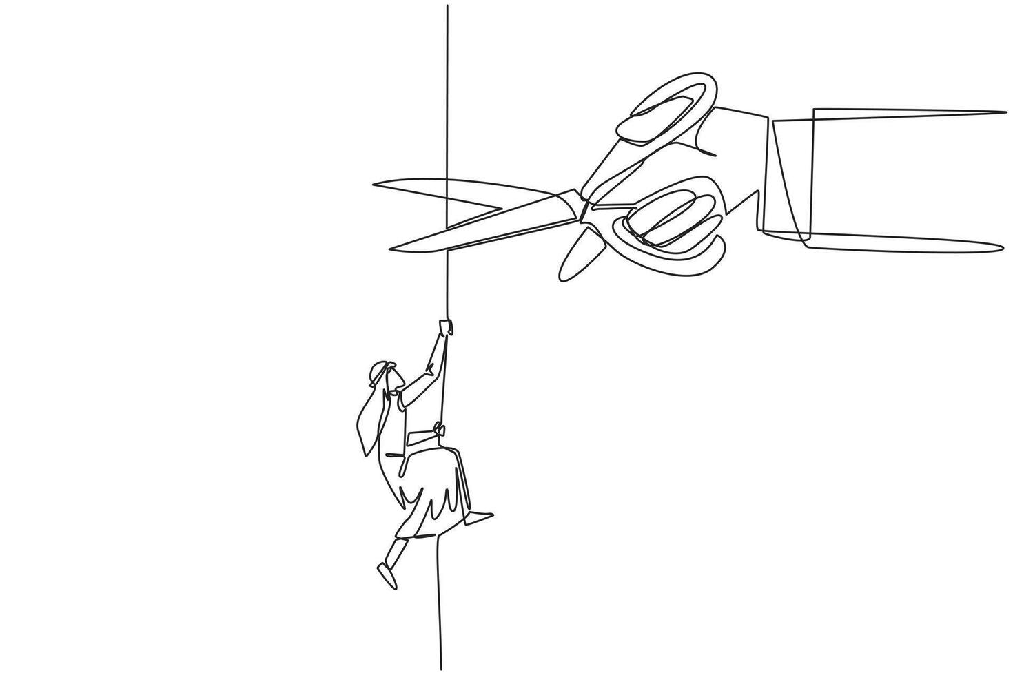Continuous one line drawing Arab businessman climbs rope. Metaphor of struggling to advance business. Business failed to develop. Sabotaged by colleague. Single line draw design illustration vector