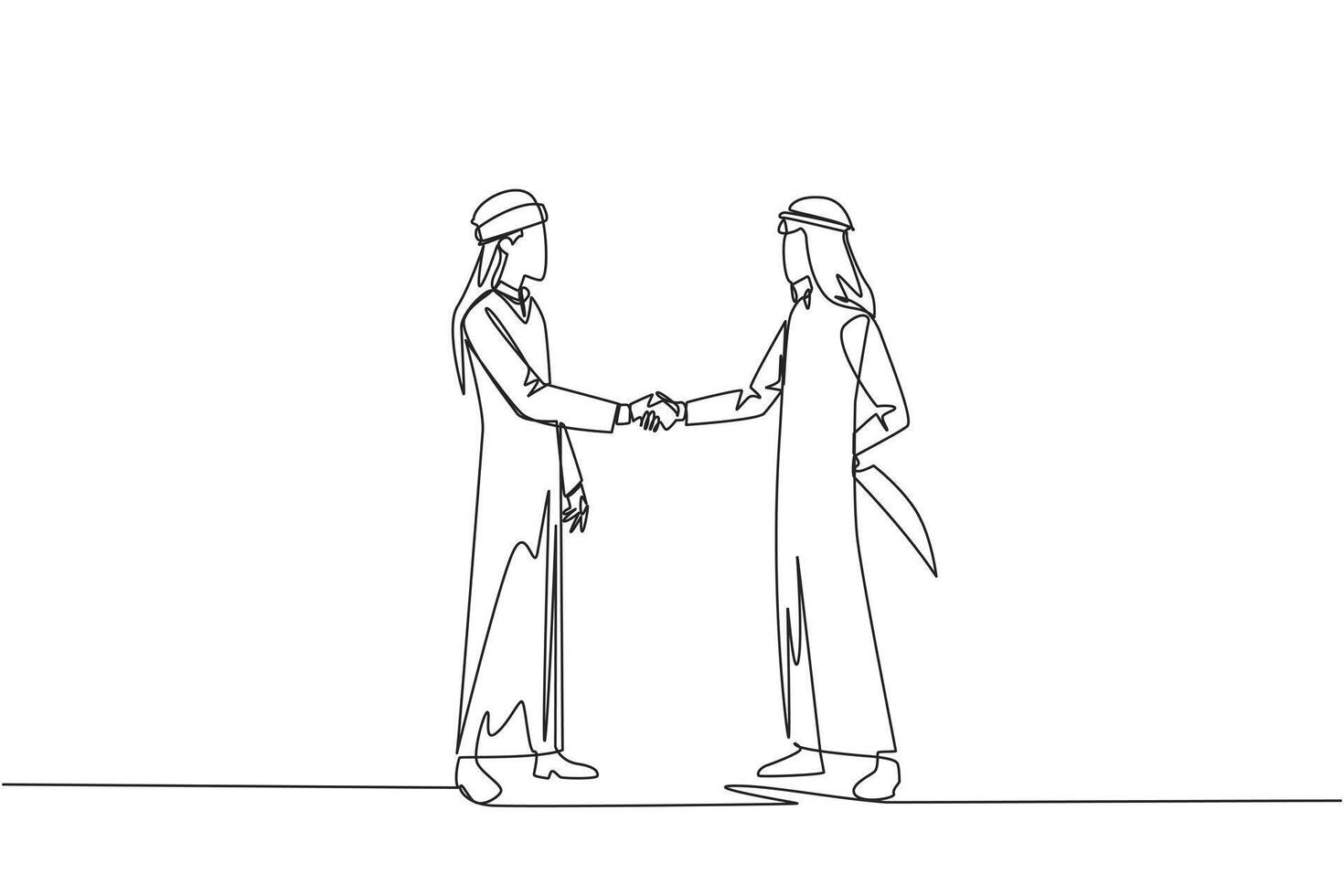 Continuous one line drawing two Arab businessmen shaking hands. One of them holds knife behind back. Getting ready to stab. Must win at all costs. Traitor. Single line draw design illustration vector