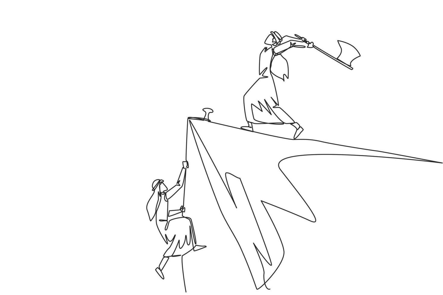 Single one line drawing Arabian businessman climbs cliff with rope. Almost successful. Rudely dropped by a business friend. Fake partner. Worst teamwork. Continuous line design graphic illustration vector