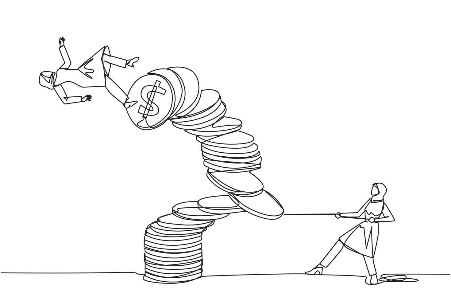 Continuous one line drawing Arabian businesswoman pull one of piles of coins who made person on top fall. Fraud. Misappropriation of office money. Traitor. Single line draw design illustration vector