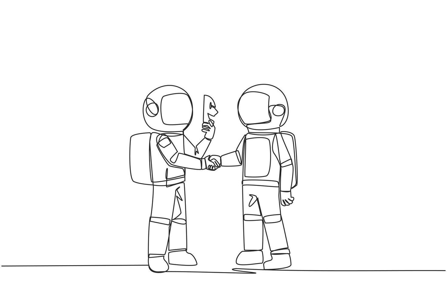 Single continuous line drawing two astronauts shaking hands. One of them has two faces. Full of falsehood. Fake friend. Worst teamwork. Business betrayal. Traitor. One line design illustration vector
