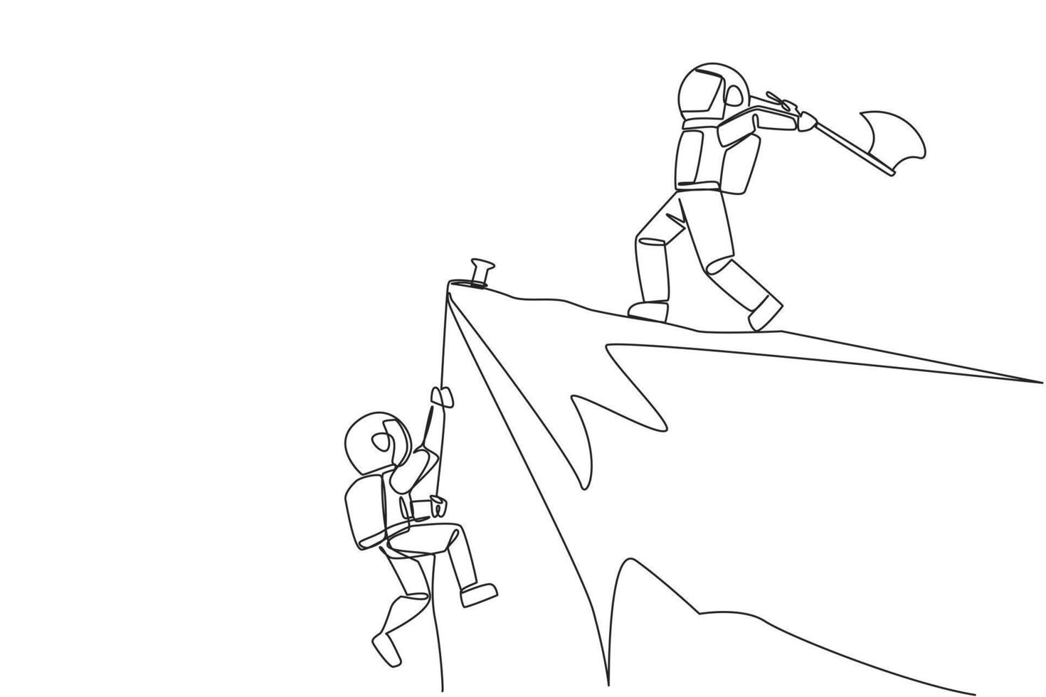 Single continuous line drawing the young astronaut climbs cliff with rope. Almost successful. Rudely dropped by a business friend. Fake partner. The worst teamwork. One line design illustration vector