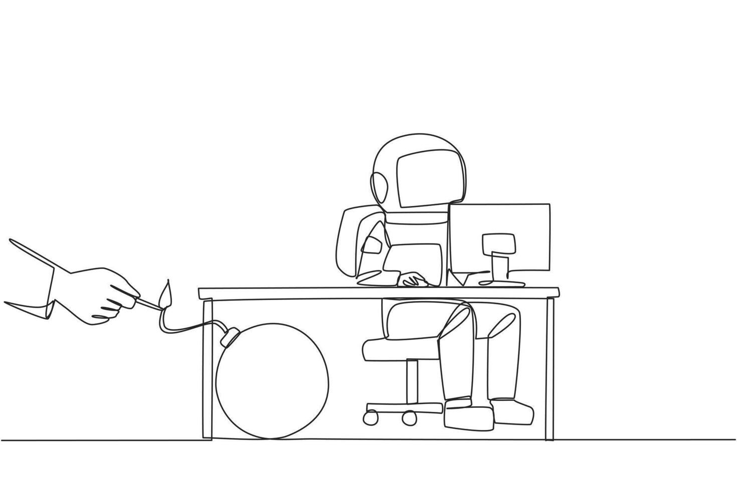Single one line drawing astronaut typing at a computer desk. Trapped by business partner. A bomb that could explode at any time. Betrayed by a colleague. Continuous line design graphic illustration vector