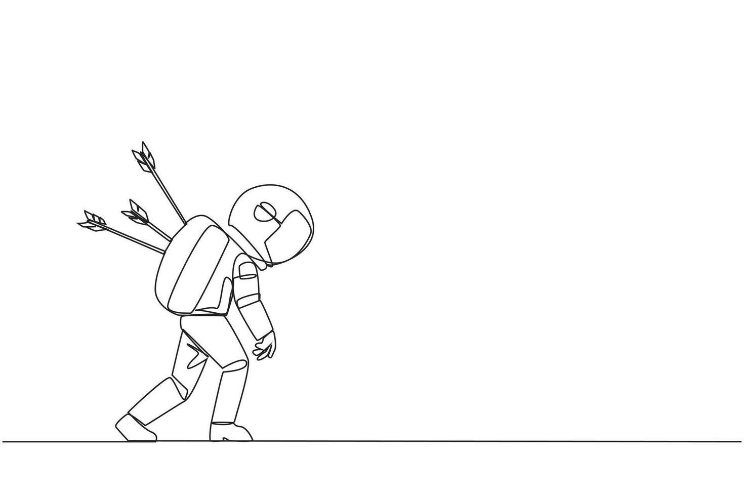 Single one line drawing the astronaut standing and several arrows stuck in the back. Attacked from behind. Destroyed and helpless. Fake partner. Traitor. Continuous line design graphic illustration vector