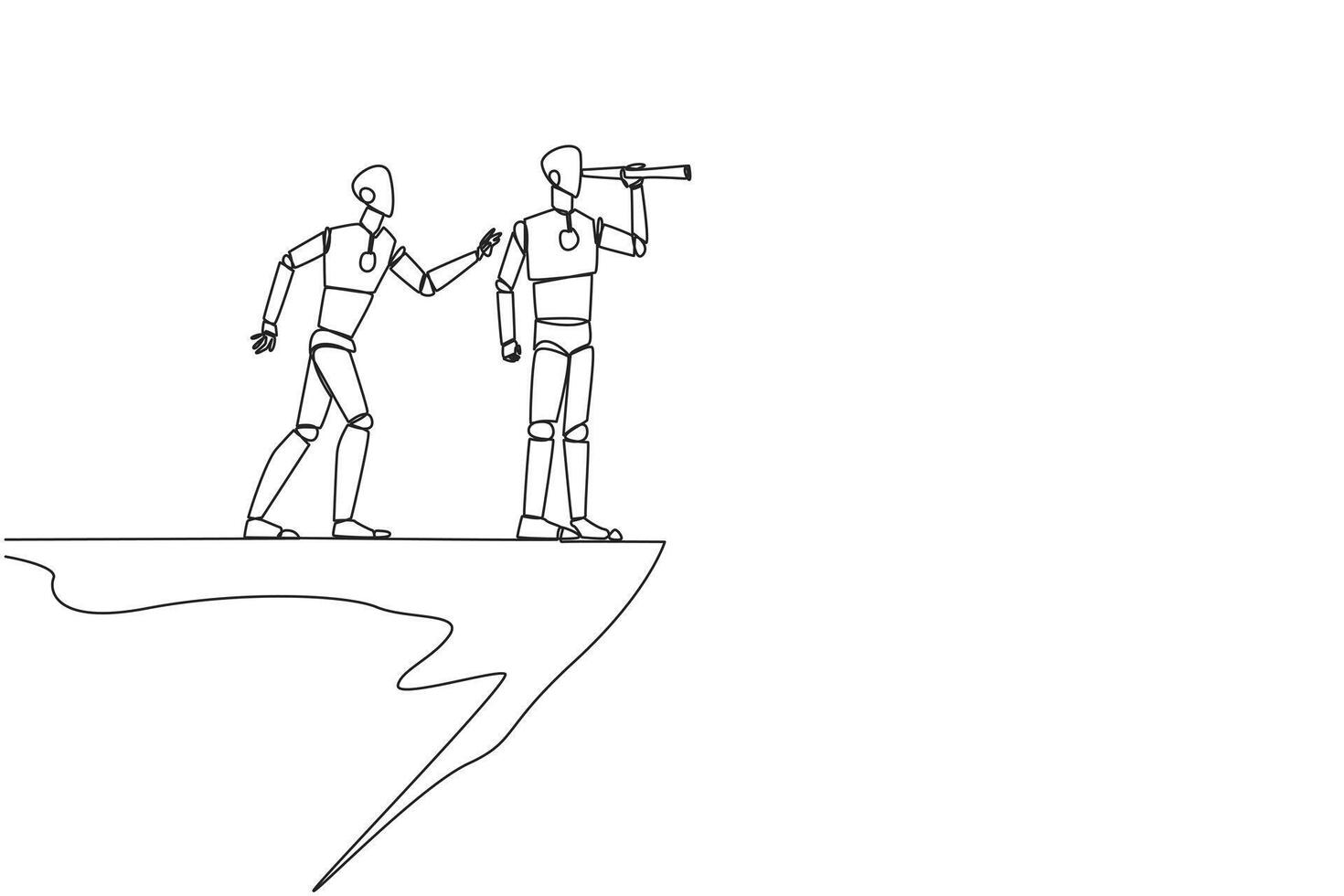 Single continuous line drawing the smart robot monitoring something at the edge of cliff using binocular. Monitoring business. Taken down by traitor from behind. One line design illustration vector
