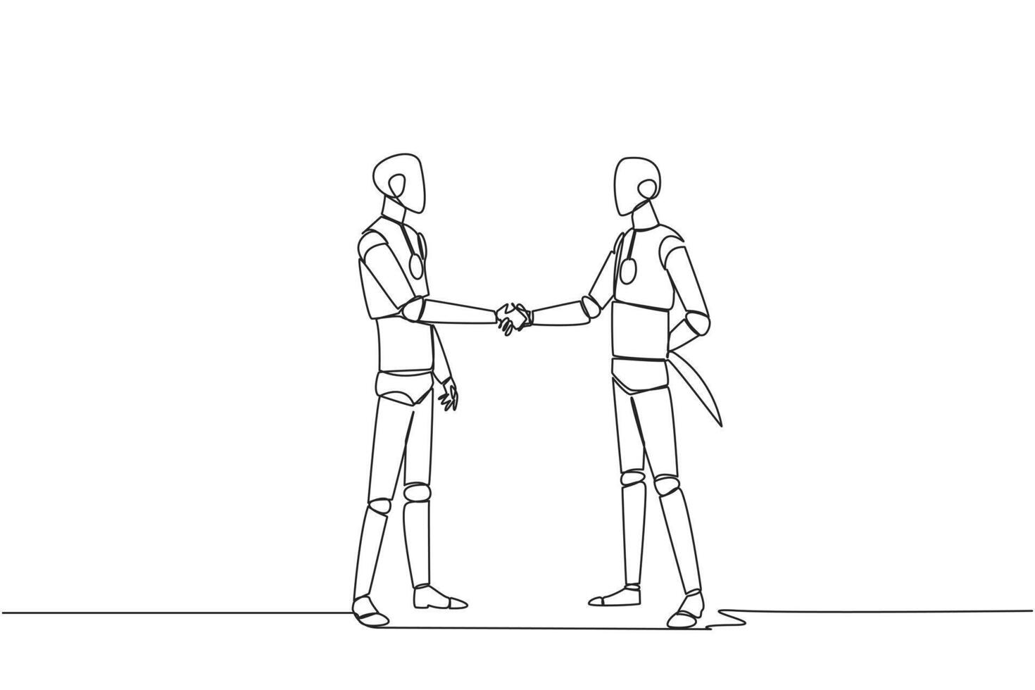Single one line drawing two smart robots shaking hands. One of them holding a knife behind the back. Getting ready to stab. Must win at all costs. Traitor. Continuous line design graphic illustration vector