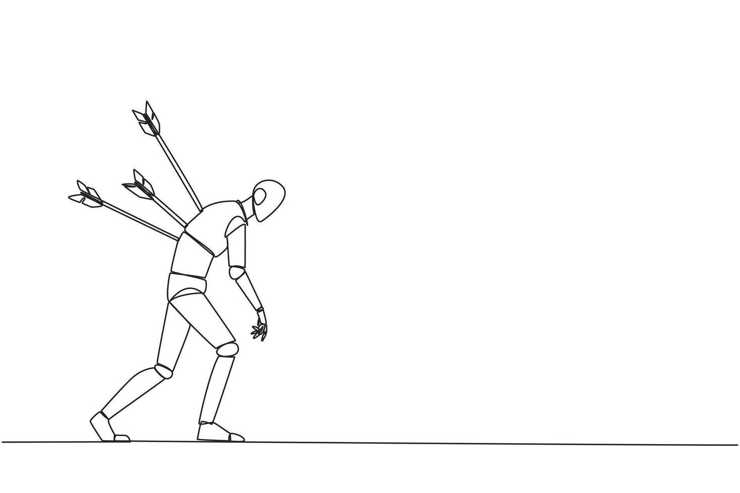 Single one line drawing smart robot standing and several arrows stuck in the back. Attacked from behind. Destroyed and helpless. Fake partner. Traitor. Continuous line design graphic illustration vector