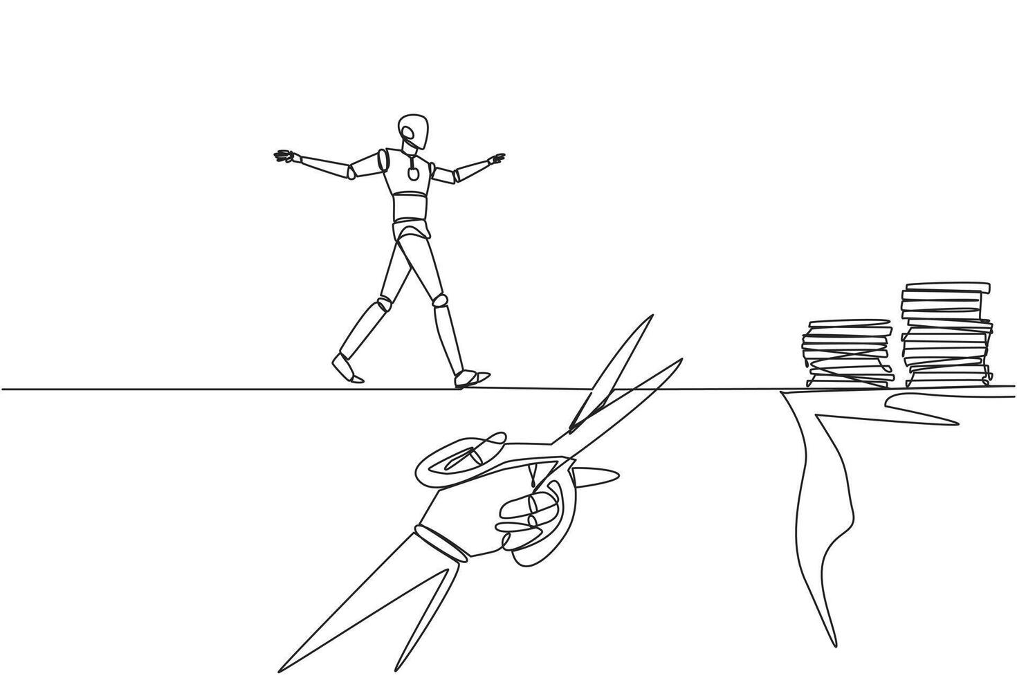 Continuous one line drawing the smart robot walking on tightrope from one cliff to another. Failed to move to much better place. Cheated by business friend. Single line draw design illustration vector