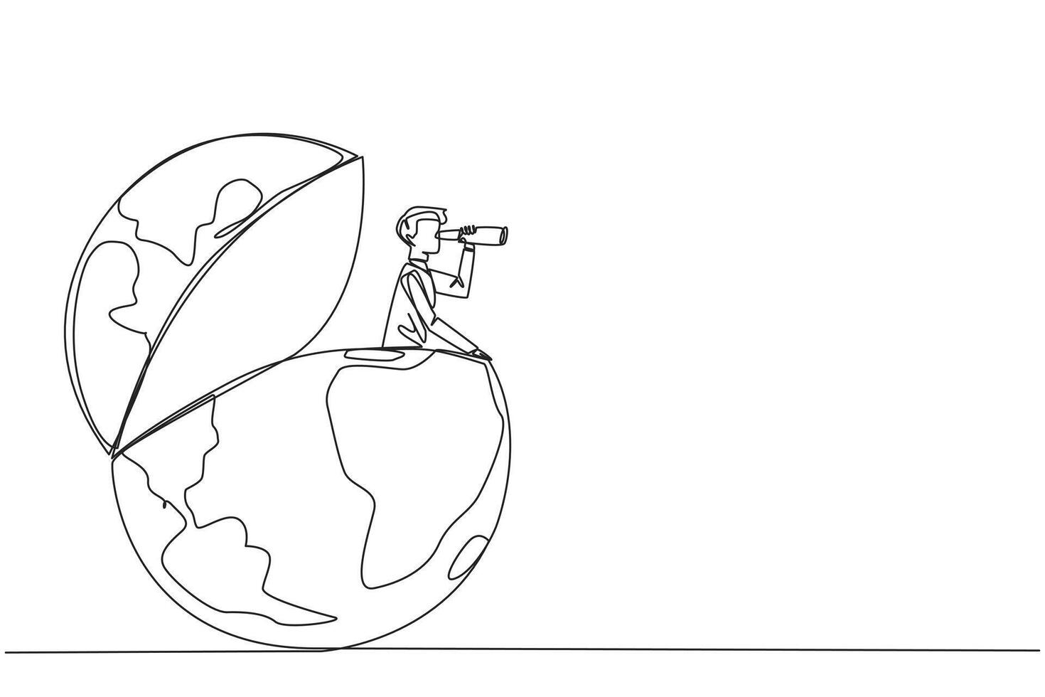Single continuous line drawing businessman appears out of globe looking for something through binoculars. Added business track record anywhere. Proof of success. One line design illustration vector