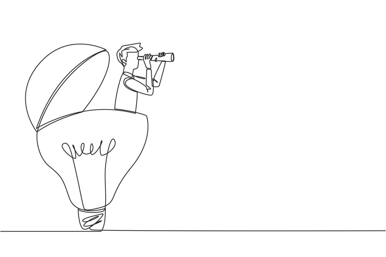 Continuous one line drawing businessman emerges from lightbulb look for something through binoculars. Selection of bright ideas to develop new businesses. Single line draw design illustration vector