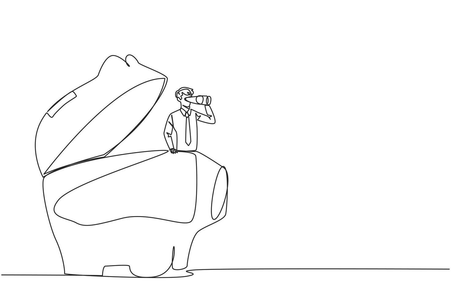 Single one line drawing businessman pops out of piggy bank look for something through binoculars. Entrepreneur who aware of the importance of investment. Continuous line design graphic illustration vector