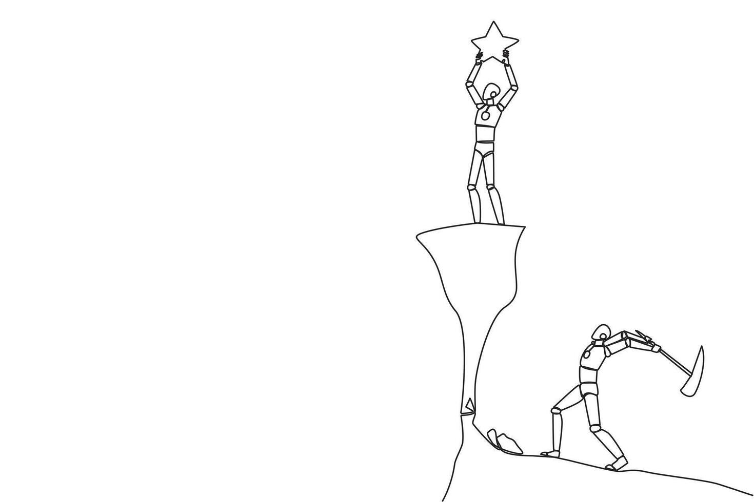 Single one line drawing smart robot standing on a cliff lifting a star. An envious friend, eating away at success from the inside to fall down. The traitor. Continuous line design graphic illustration vector