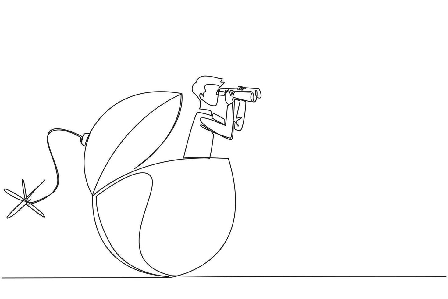 Continuous one line drawing businessman emerged from the bomb fuse burning, look for something through his binoculars. Receive dangerous alerts. Big risk. Single line draw design illustration vector
