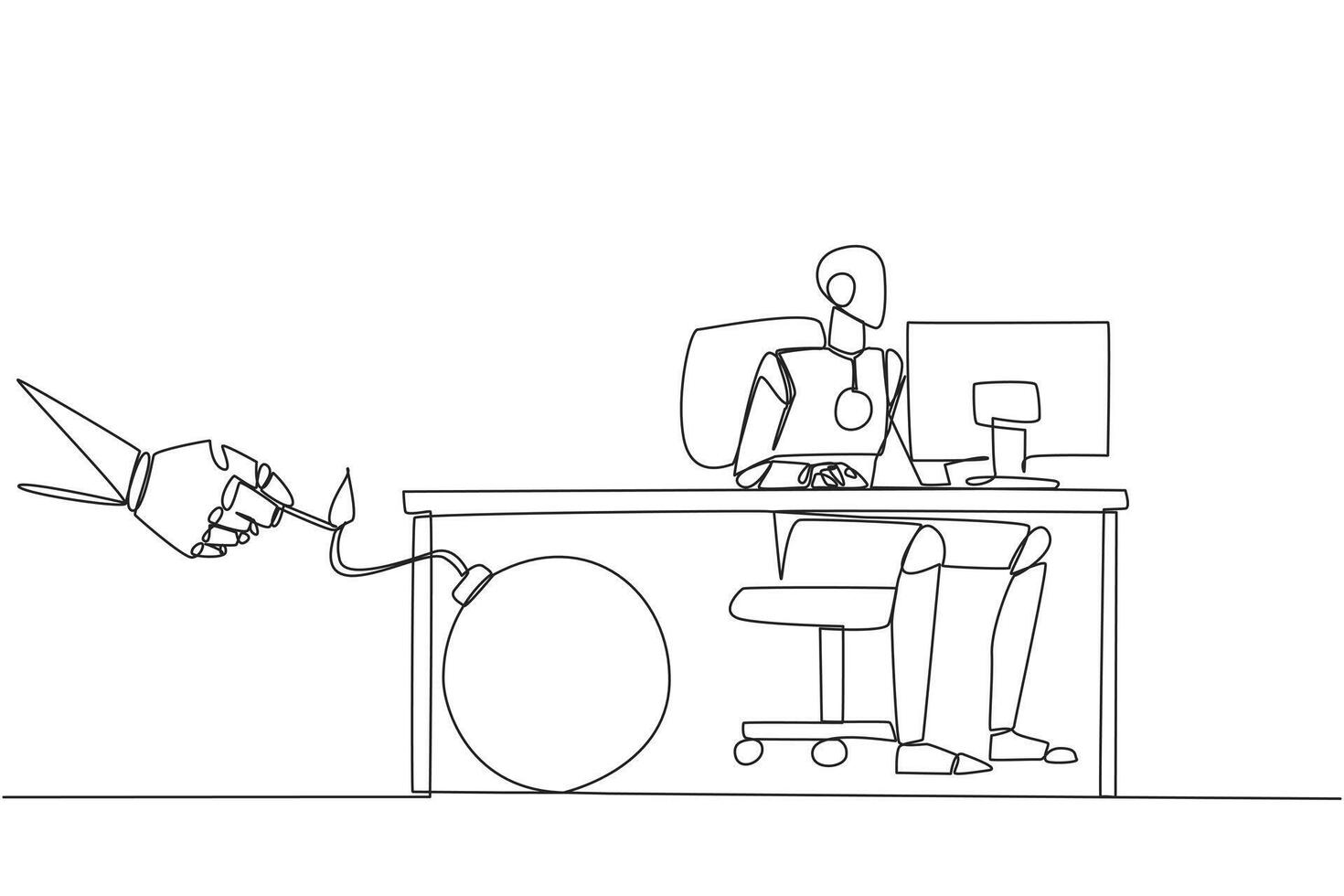 Single one line drawing smart robot typing at a computer desk. Trapped by business partner. A bomb that could explode at any time. Betrayed by a colleague. Continuous line design graphic illustration vector