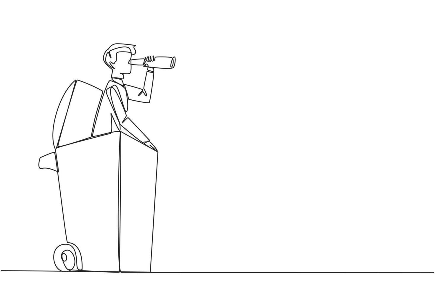 Continuous one line drawing businessman pops out of a wheeled bin look for something through binoculars. Importance of modernizing everything in business. Single line draw design illustration vector