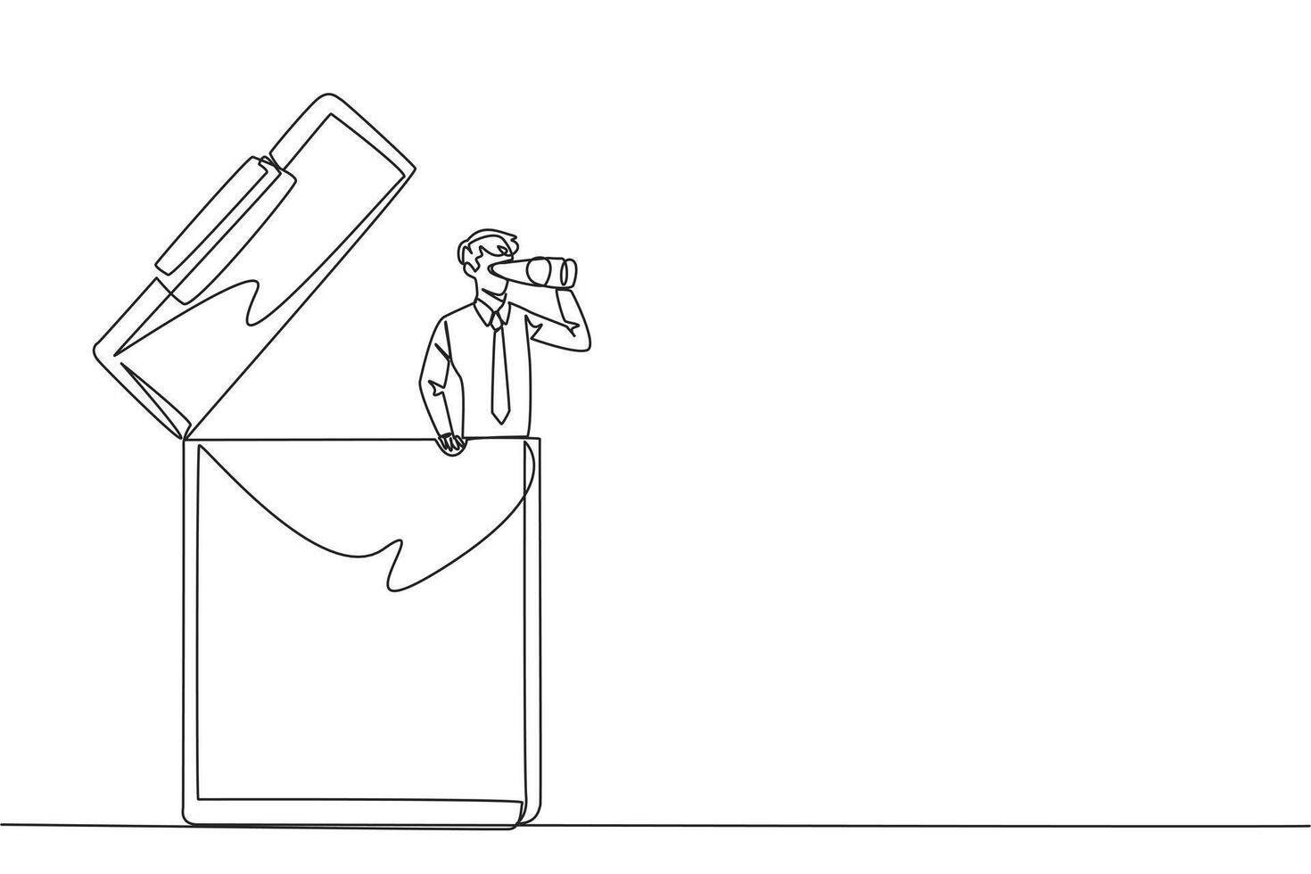 Continuous one line drawing businessman appears out of the clipboard looking for something through binoculars. Agreement report. Promising contract draft. Single line draw design illustration vector