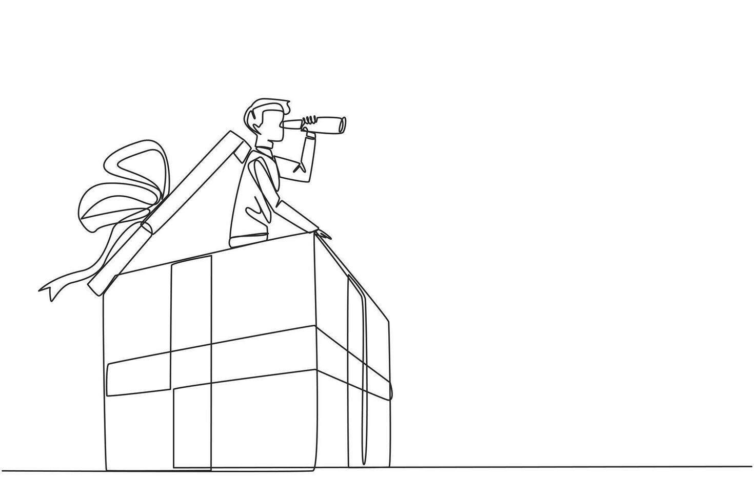Single continuous line drawing businessman emerged from the gift box look for something through binoculars. Profitable business. Mutual benefit. End of year reward. One line design illustration vector