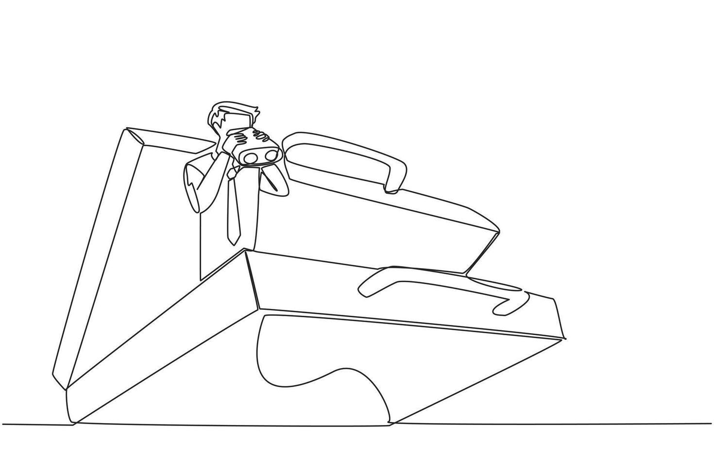Single one line drawing businessman emerges from briefcase looking for something through binoculars. Looking for partners to develop new business branches. Continuous line design graphic illustration vector