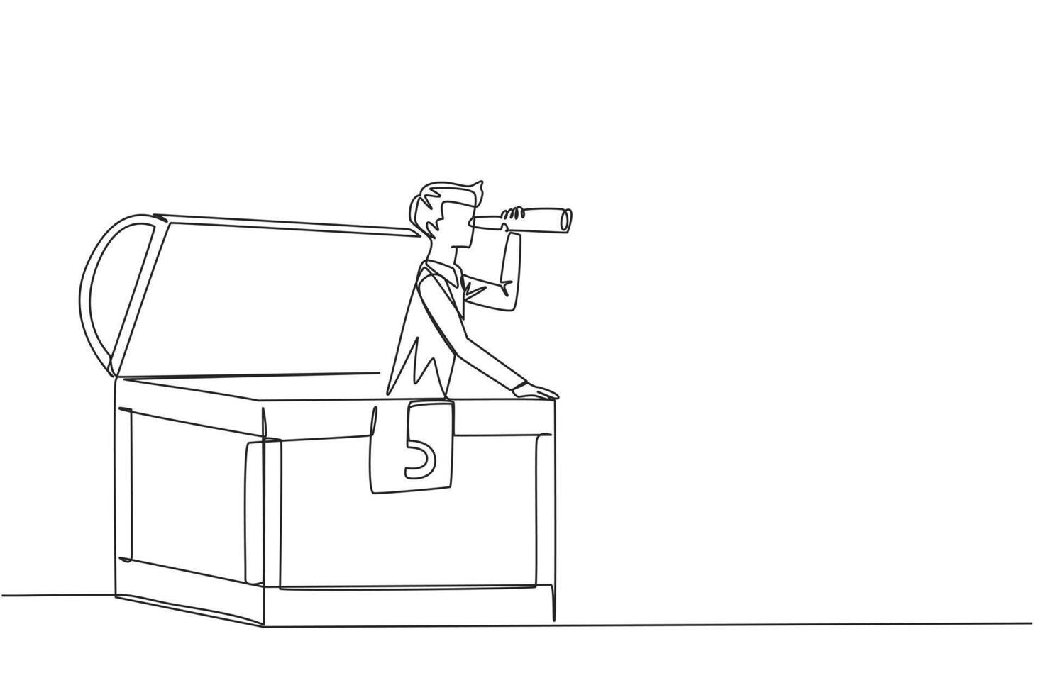 Single continuous line drawing businessman emerges from treasure chest looks for something through binoculars. Luck leads to treasure. Successful rich businessman. One line design illustration vector