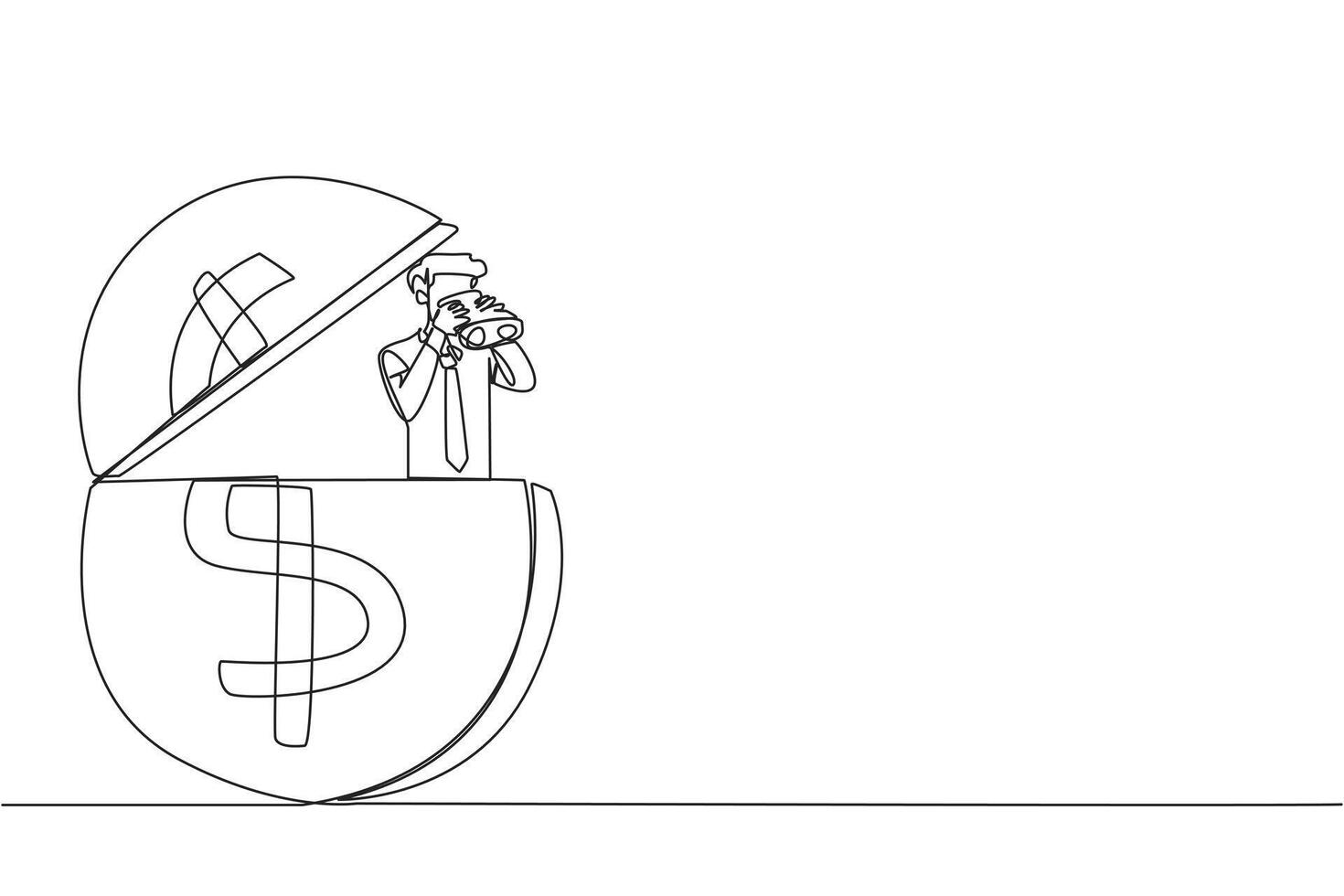 Continuous one line drawing businessman emerges from dollar symbol coin look for something through binoculars. Complete business agreement by getting cash. Single line draw design illustration vector
