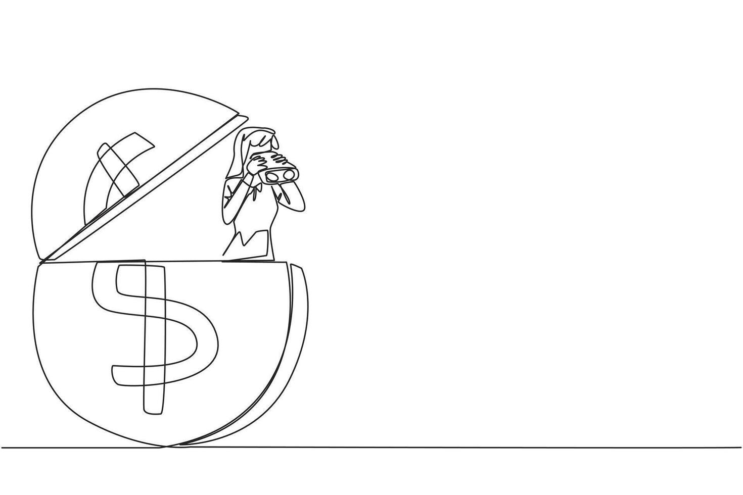 Single continuous line drawing businesswoman coming out of coin holding binocular. Looking for extra money for a decent life in old age. Looking for opportunity. One line design illustration vector
