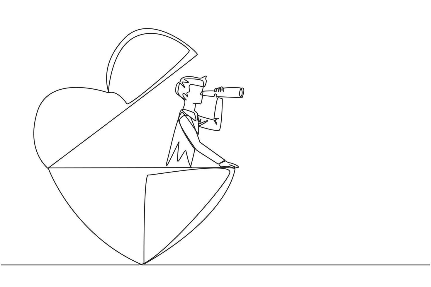 Single one line drawing businessman emerges from the shape of a heart looking for something through binoculars. Success in business and love. Aligned. Continuous line design graphic illustration vector