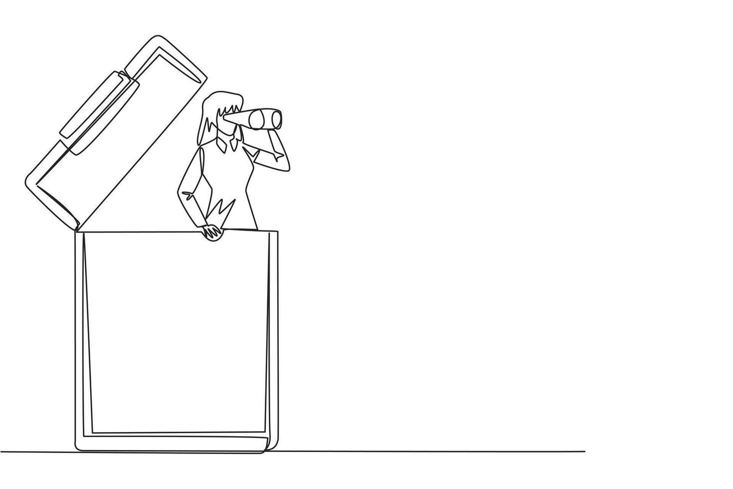 Continuous one line drawing businesswoman comes out of clipboard looking for something through binoculars. Looking for volunteers to fill in report form. Single line draw design illustration vector