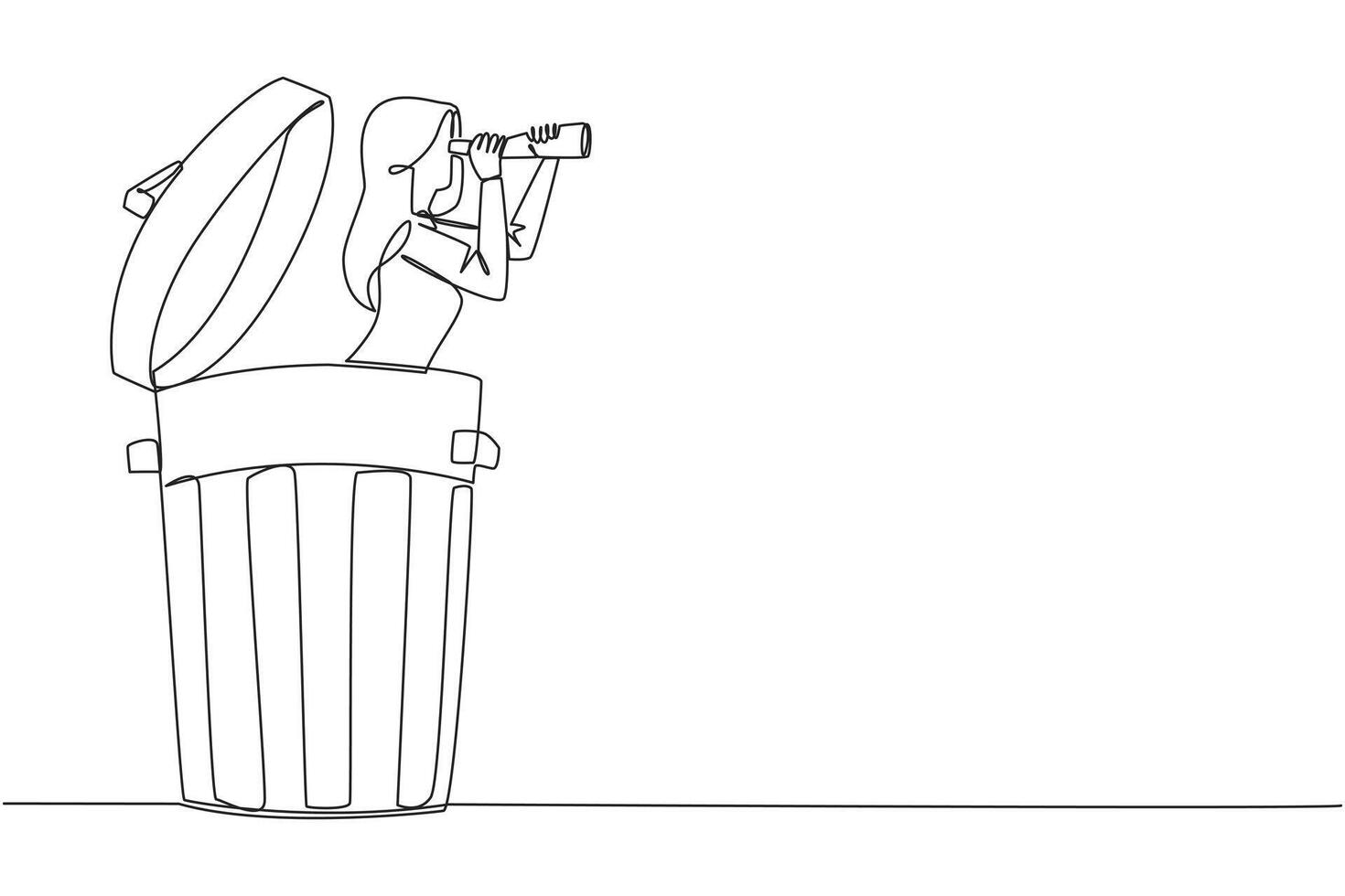 Continuous one line drawing businesswoman comes out of a trash can looking for something through binoculars. Not interested in backbiting. Throw gossip. Single line draw design illustration vector
