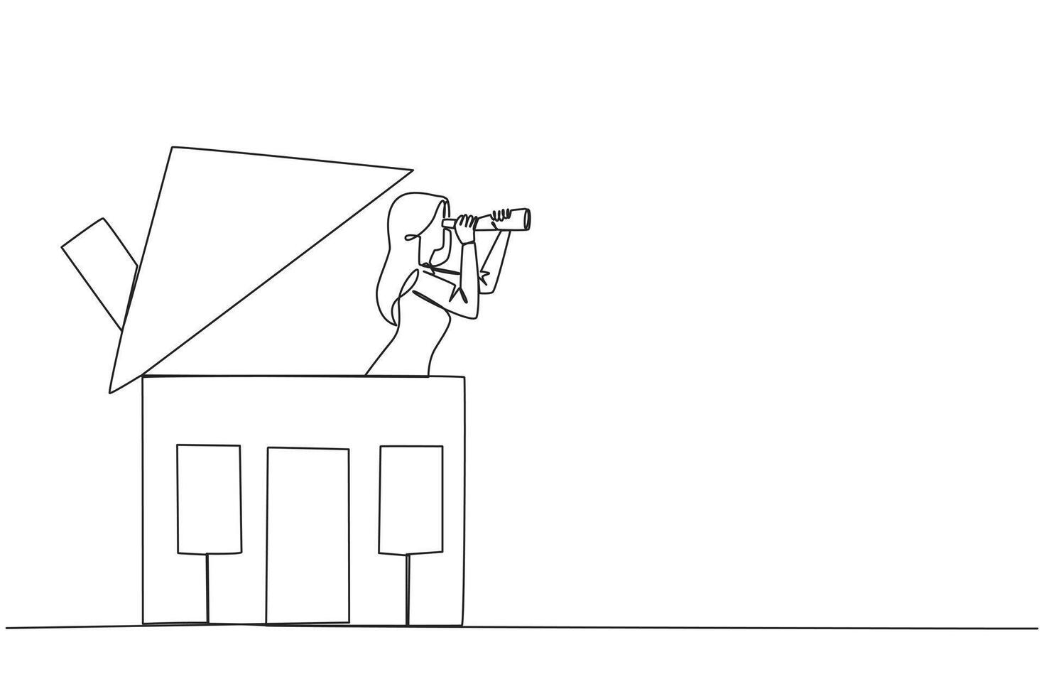 Single continuous line drawing businesswoman comes out of miniature house looking for something through binoculars. Investigate cheap house prices for investment. One line design illustration vector