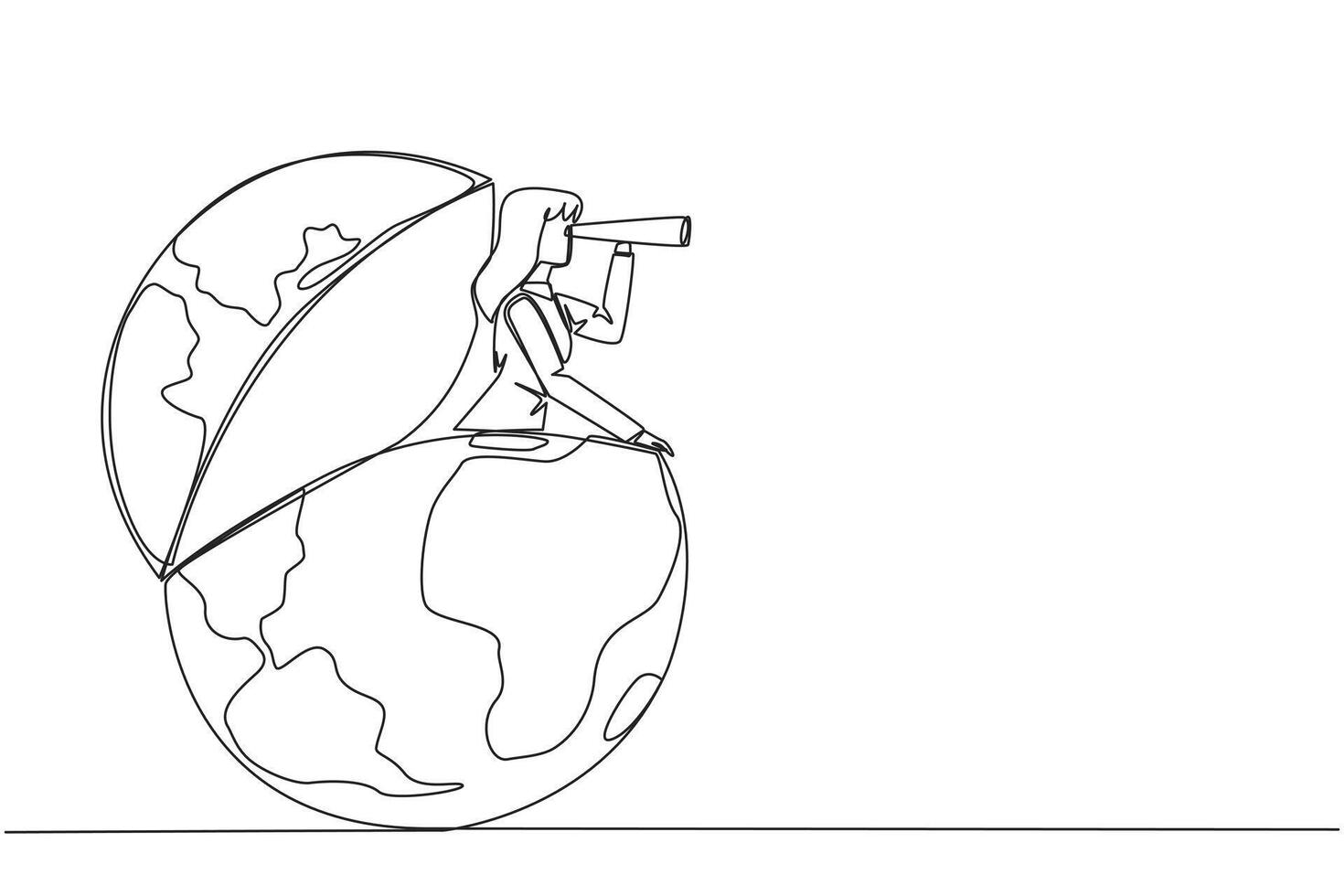 Continuous one line drawing businesswoman out of the globe looking for something through binoculars. Need to see the wider world to achieve much success. Single line draw design illustration vector