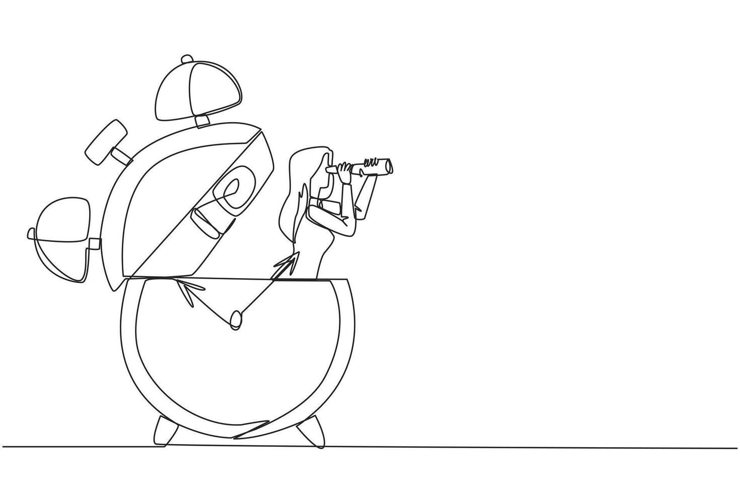 Single continuous line drawing businesswoman out of alarm clock looking for something through binoculars. Provide tight deadlines for presentations. Responsibility. One line design illustration vector